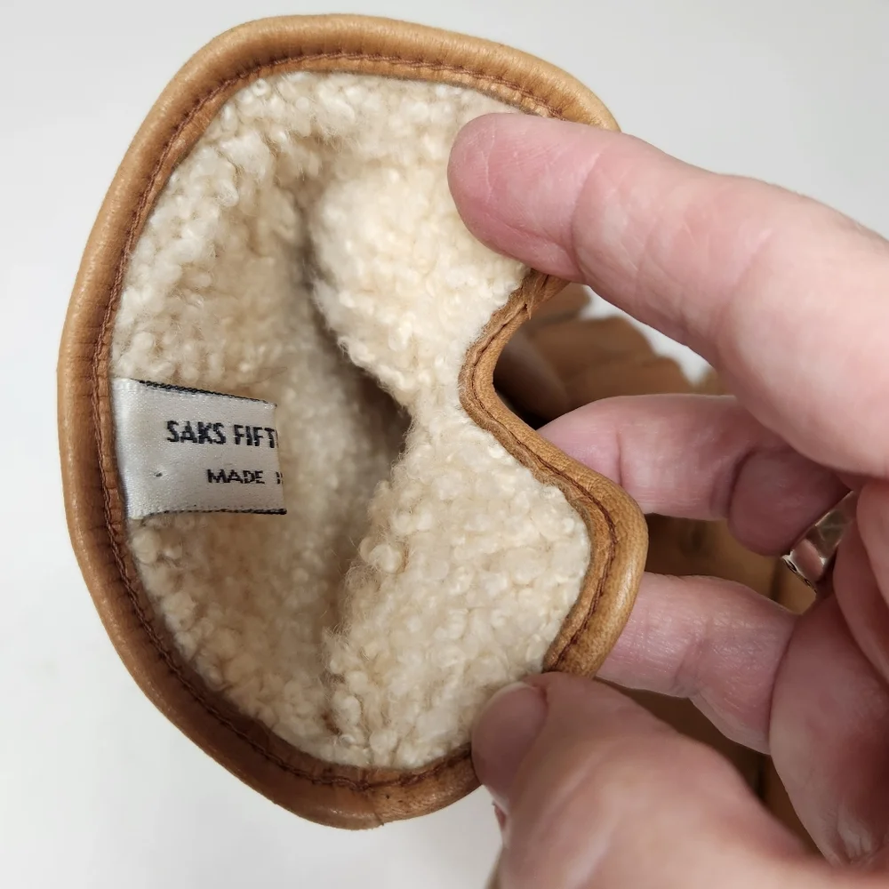 vintage leather khaki driving gloves saks fifith avenue sherpa lined womens 80s